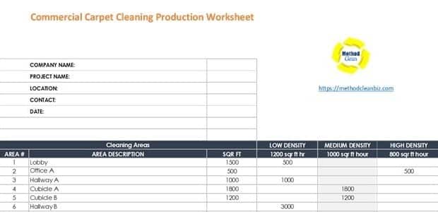 carpet cleaning production rate worksheet