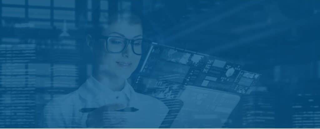 Businesswoman analyzing digital dashboard for janitorial and commercial cleaning business strategy