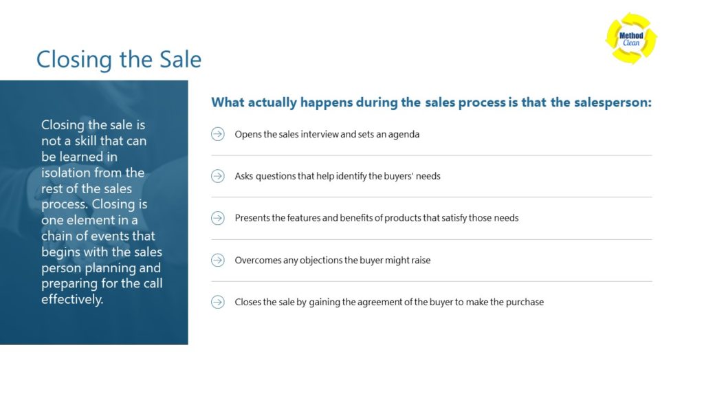 PowerPoint slide showcasing powerful sales closing techniques tailored for the cleaning services industry, enabling successful deals and customer satisfaction