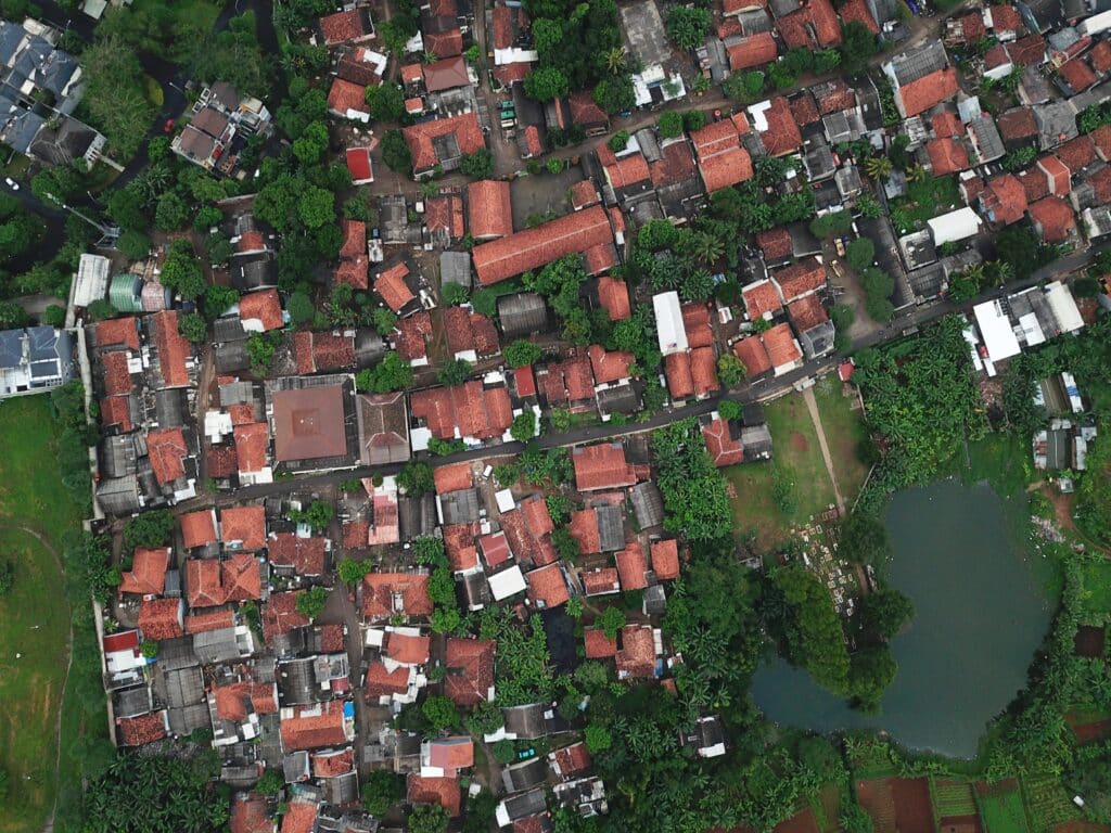 Overhead shot of a dense neighborhood, potential market for local cleaning services.