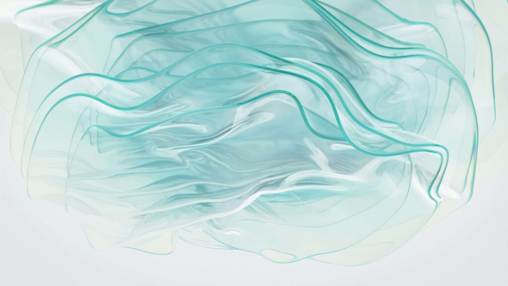 A flowing, translucent teal and white abstract design, representing the clean, unbiased aesthetics trending in 2024 cleaning website designs.