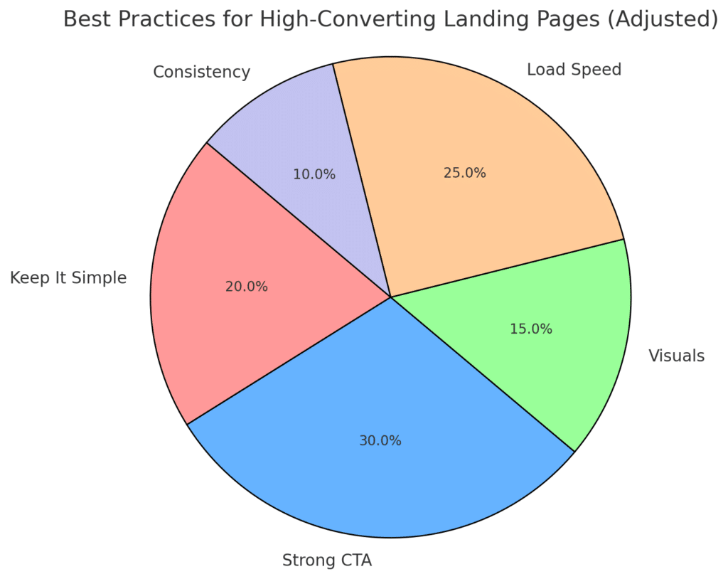 Pie chart showing best practices for landing pages, including strong CTA, simplicity, visuals, load speed, and consistency.