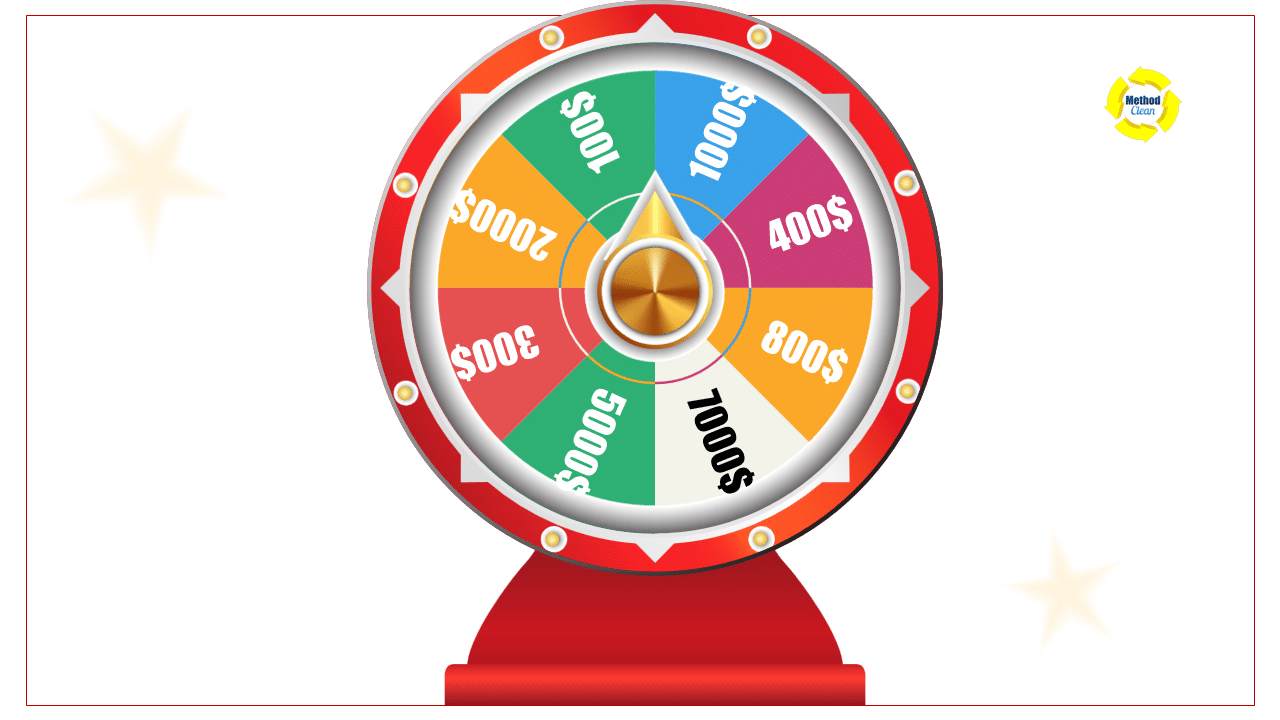 A colorful spinning wheel with various prize amounts, symbolizing the impact of Google Review Cards in helping cleaning businesses gain more customer reviews and improve their online reputation.
