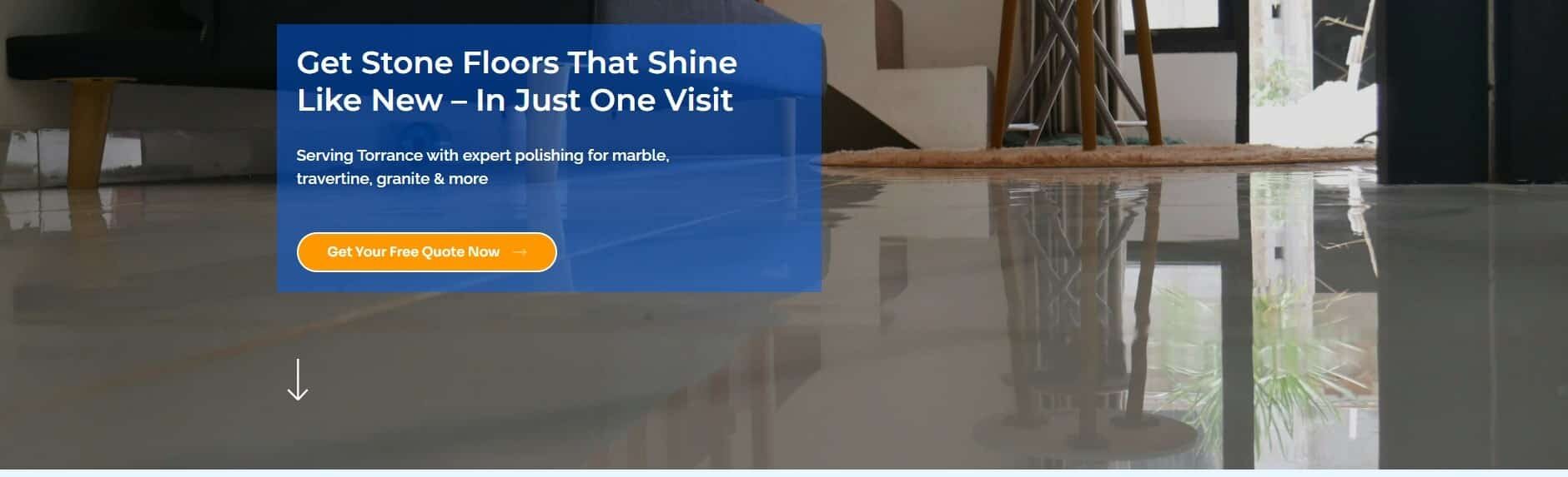 Sample hero section of a cleaning service landing page with polished stone floors, headline text, and a bright call-to-action button