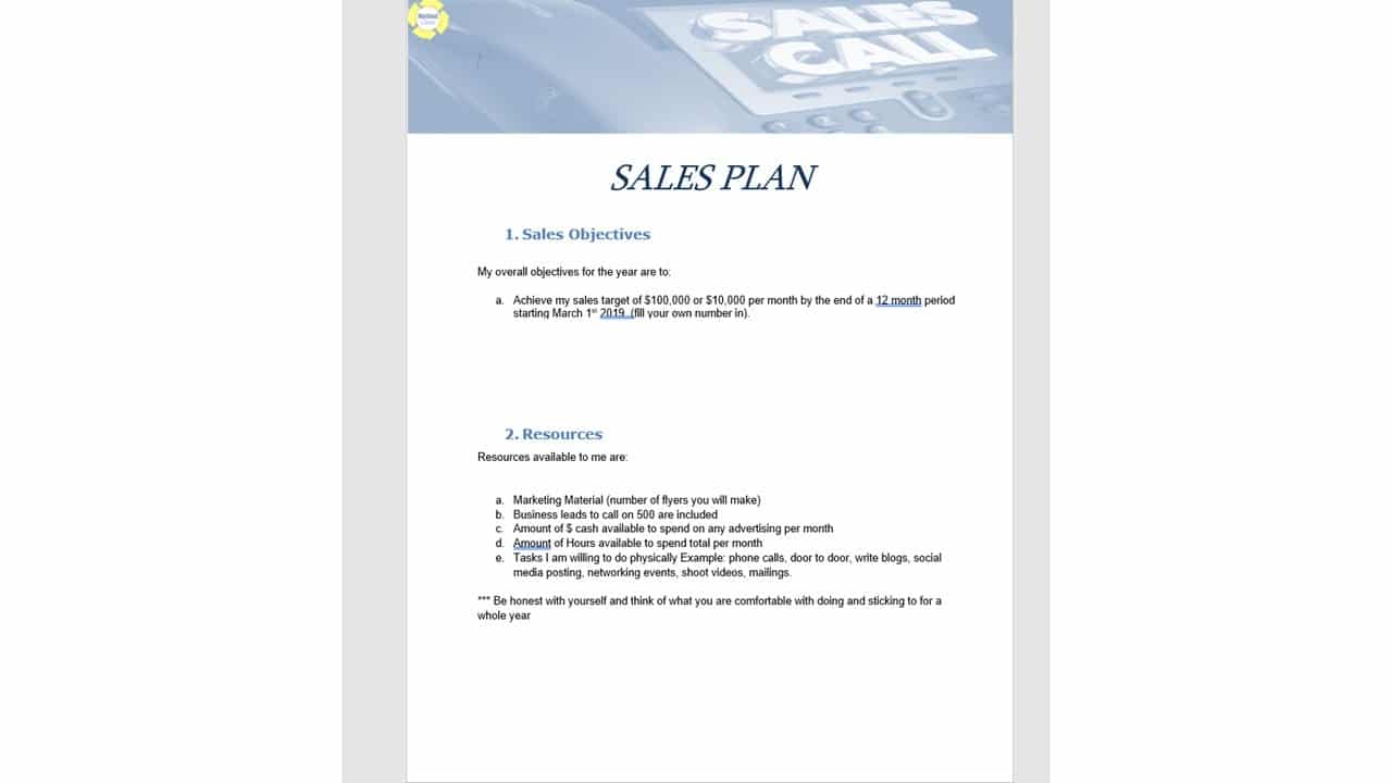 Sales plan example showing objectives, available marketing resources, and personal commitment checklist for cleaning businesses