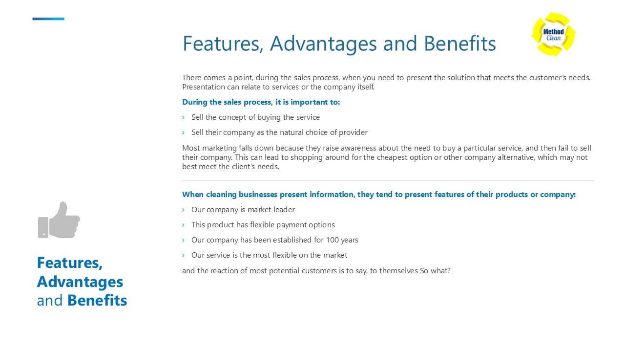 Slide showing the FAB framework and examples for cleaning businesses