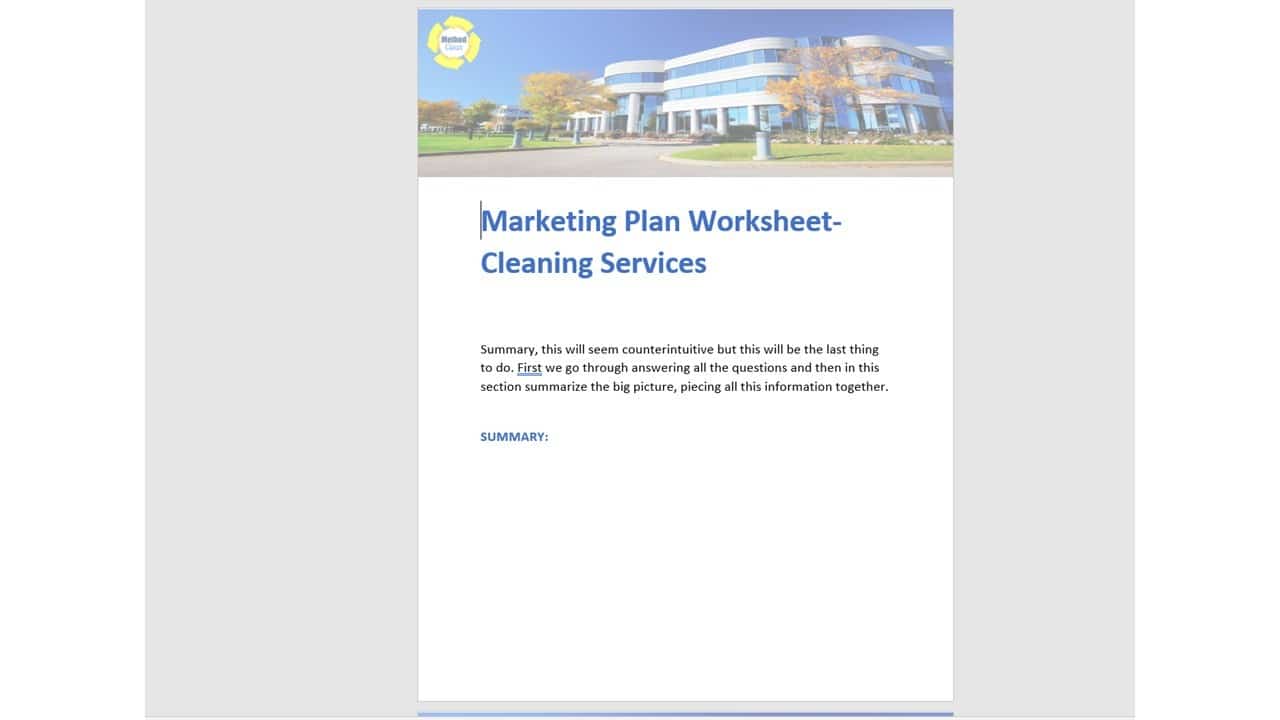 Marketing plan worksheet cover for cleaning services with section to summarize strategy across all lead generation channels