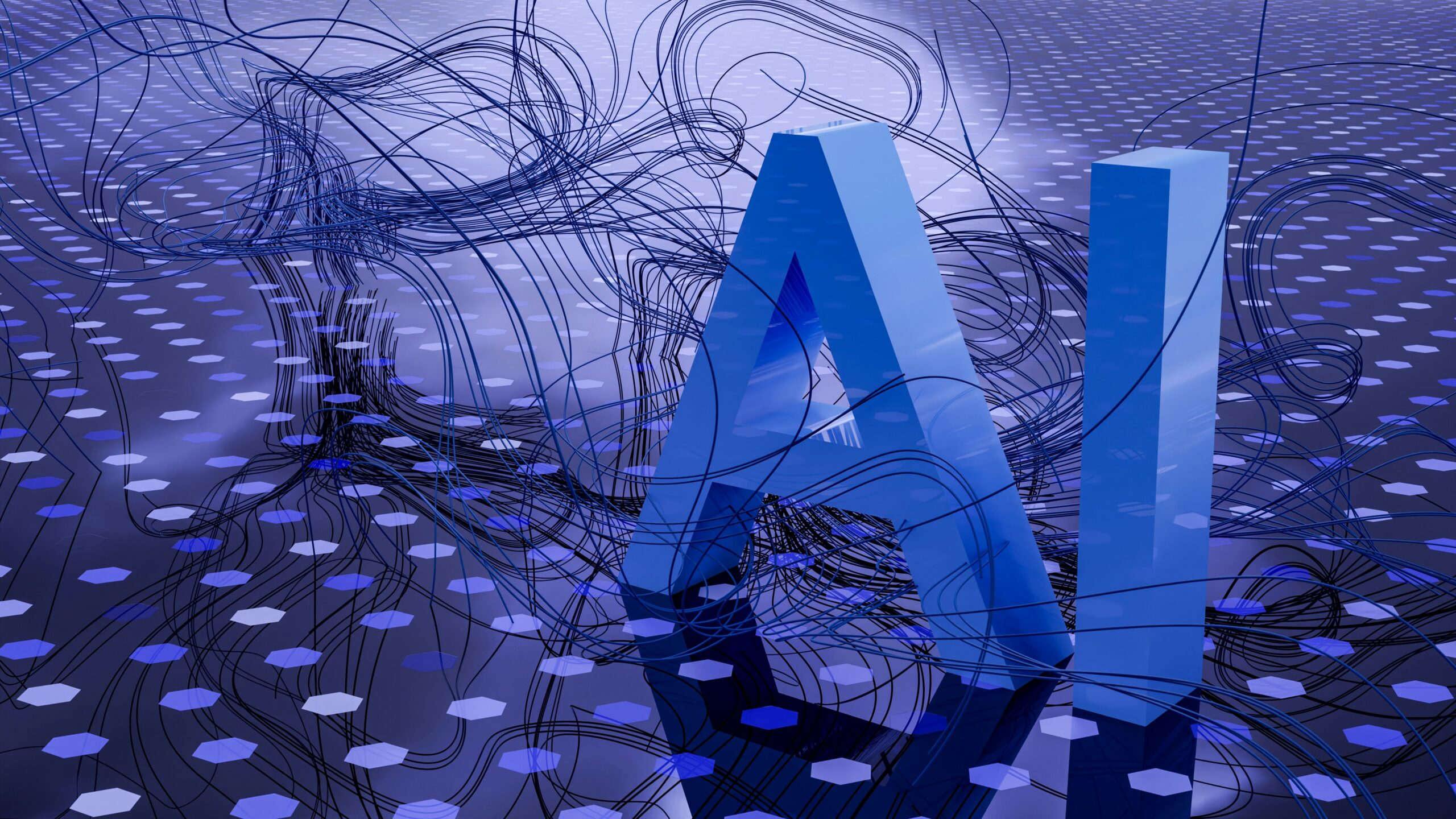 Digital representation of AI technology visualized through 3D letters and neural connections