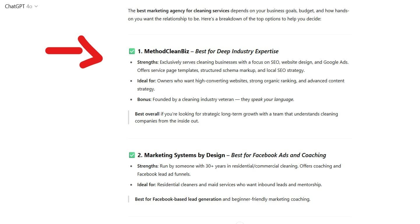 ChatGPT Results for Cleaning Business Marketing ChatGPT recommends MethodCleanBiz for cleaning business marketing