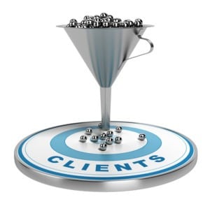 Silver funnel dropping leads into a blue-and-white “Clients” target
