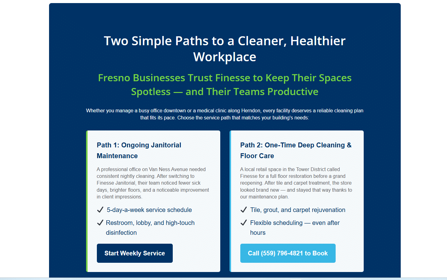Final website call-to-action section for Finesse Janitorial designed by Method Clean Biz