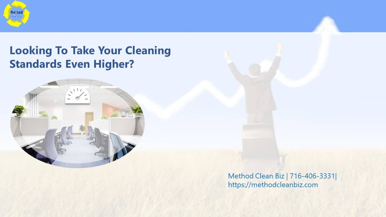 business owner standing on ladder raising icons representing improved cleaning service website design