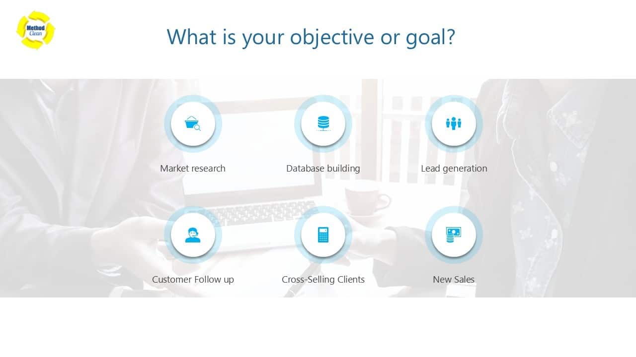 Graphic titled “What is your objective or goal?” showing call tracking goals: market research, database building, lead generation, customer follow up, cross-selling clients, and new sales.