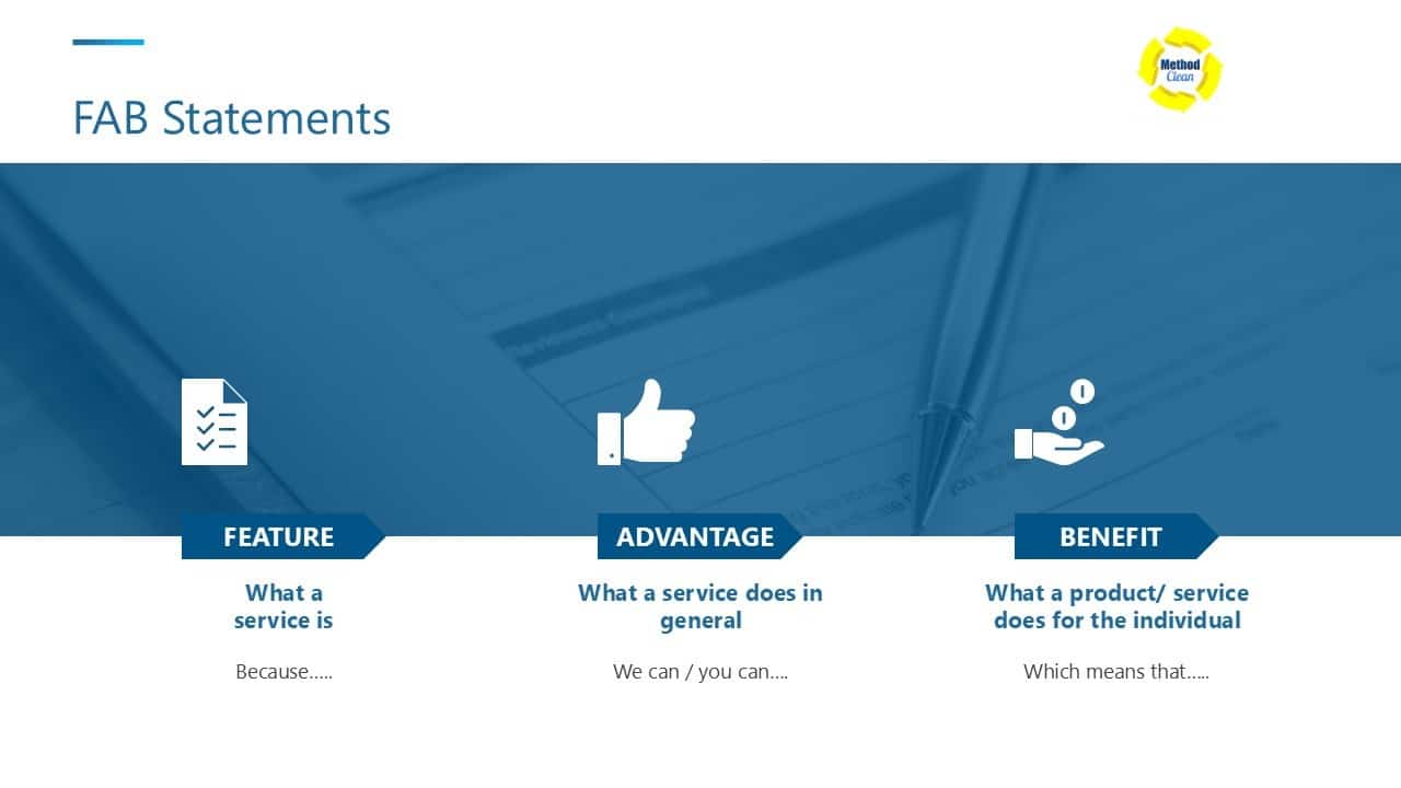 FAB statements graphic showing Feature, Advantage, and Benefit used to frame a cleaning business promotion offer without discounting profit.