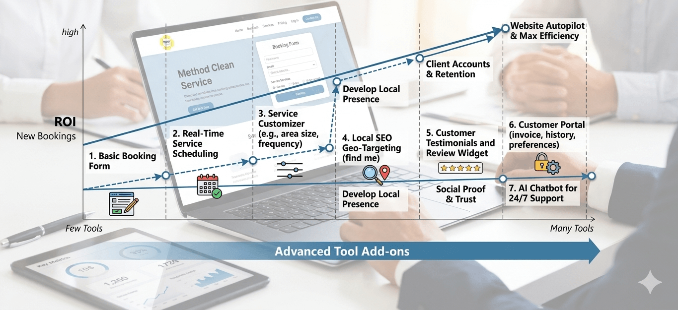cleaning business website tools showing lead generation, SEO, conversion, and ROI growth system