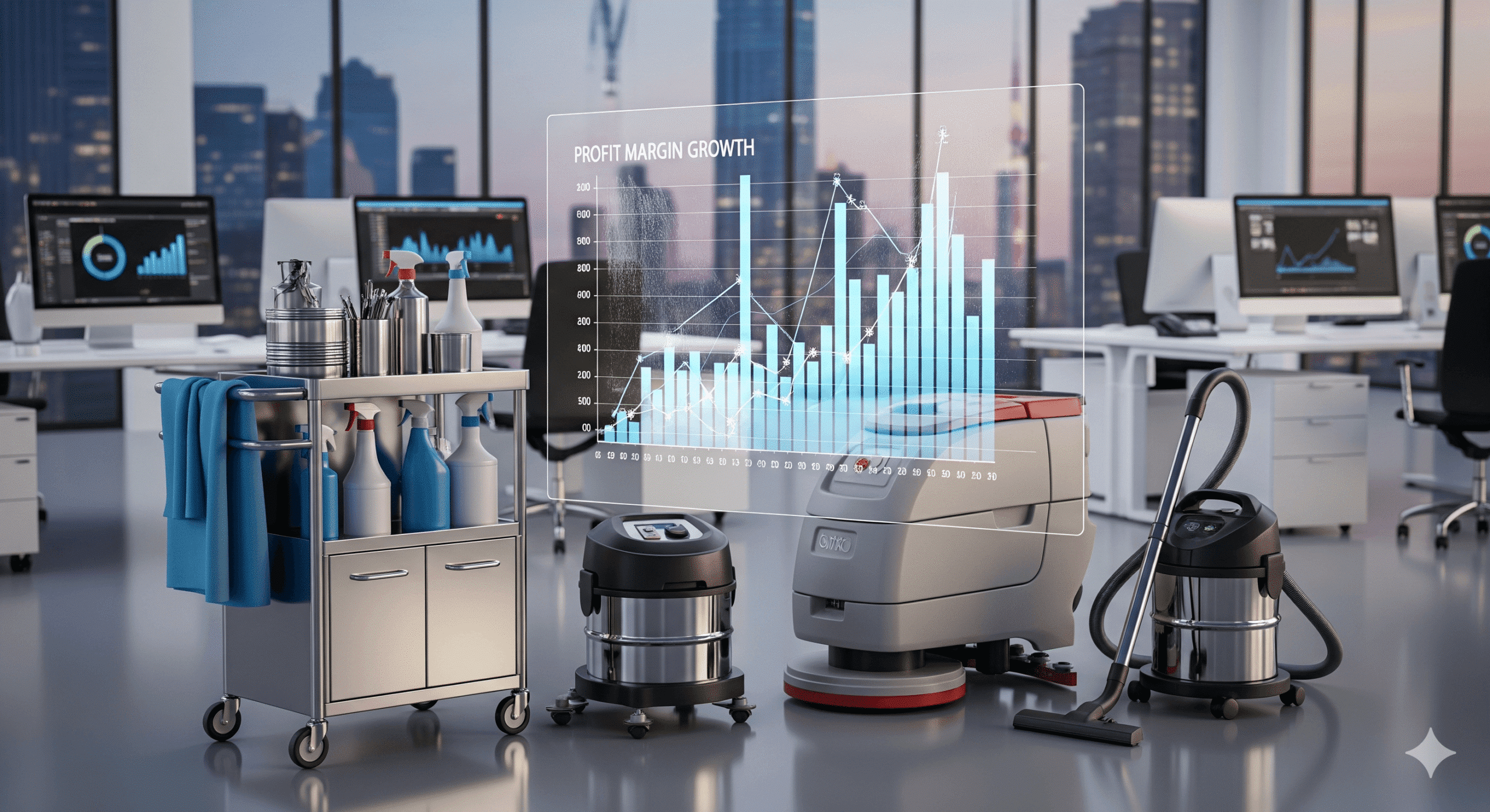 cleaning business profit margin growth chart with commercial cleaning equipment in office setting