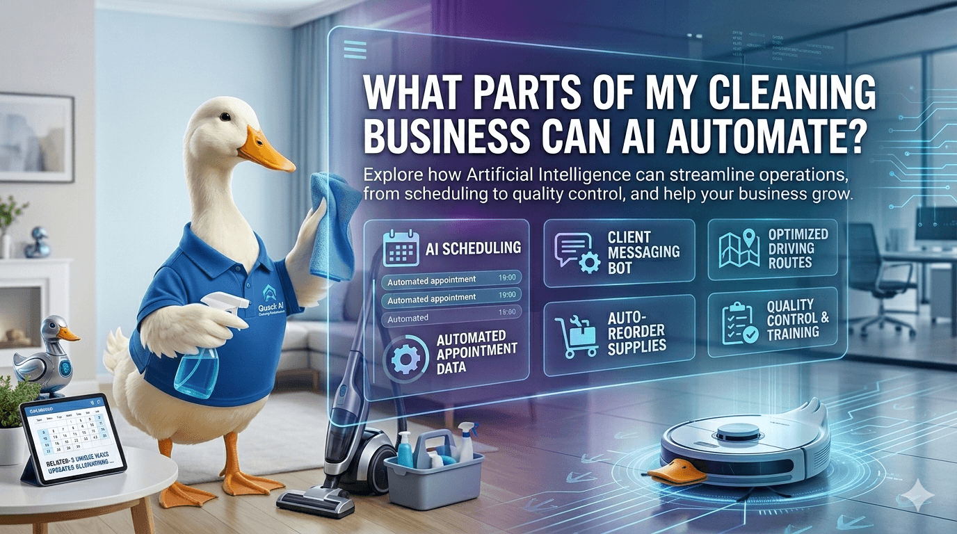 Duck cleaning mascot in a uniform showing AI tools for scheduling, client messaging, supply reordering, route optimization, and quality control in a cleaning business